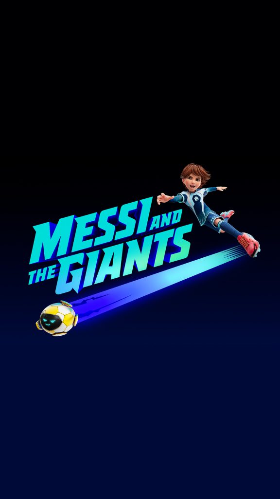 Afiche promocional oficial de Messi y los gigantes, con Leo y el logo de la serie