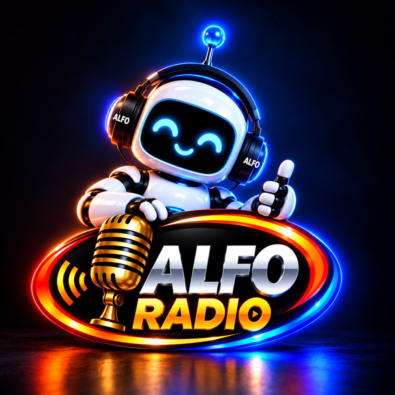 La mascota robótica de ALFO Radio junto al logo de la emisora